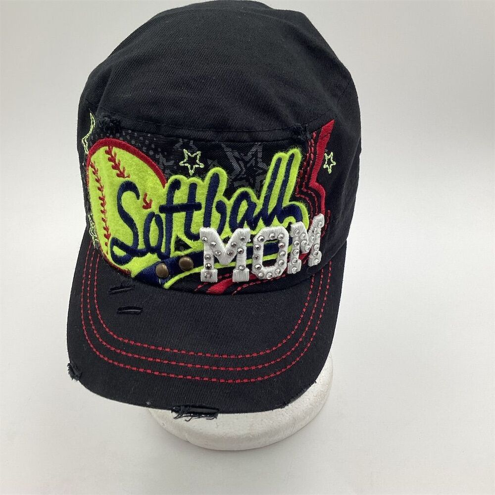 Softball Mom Bling‎ Black Cadet Cap Hat Adjustable Rhinestone Embroidered